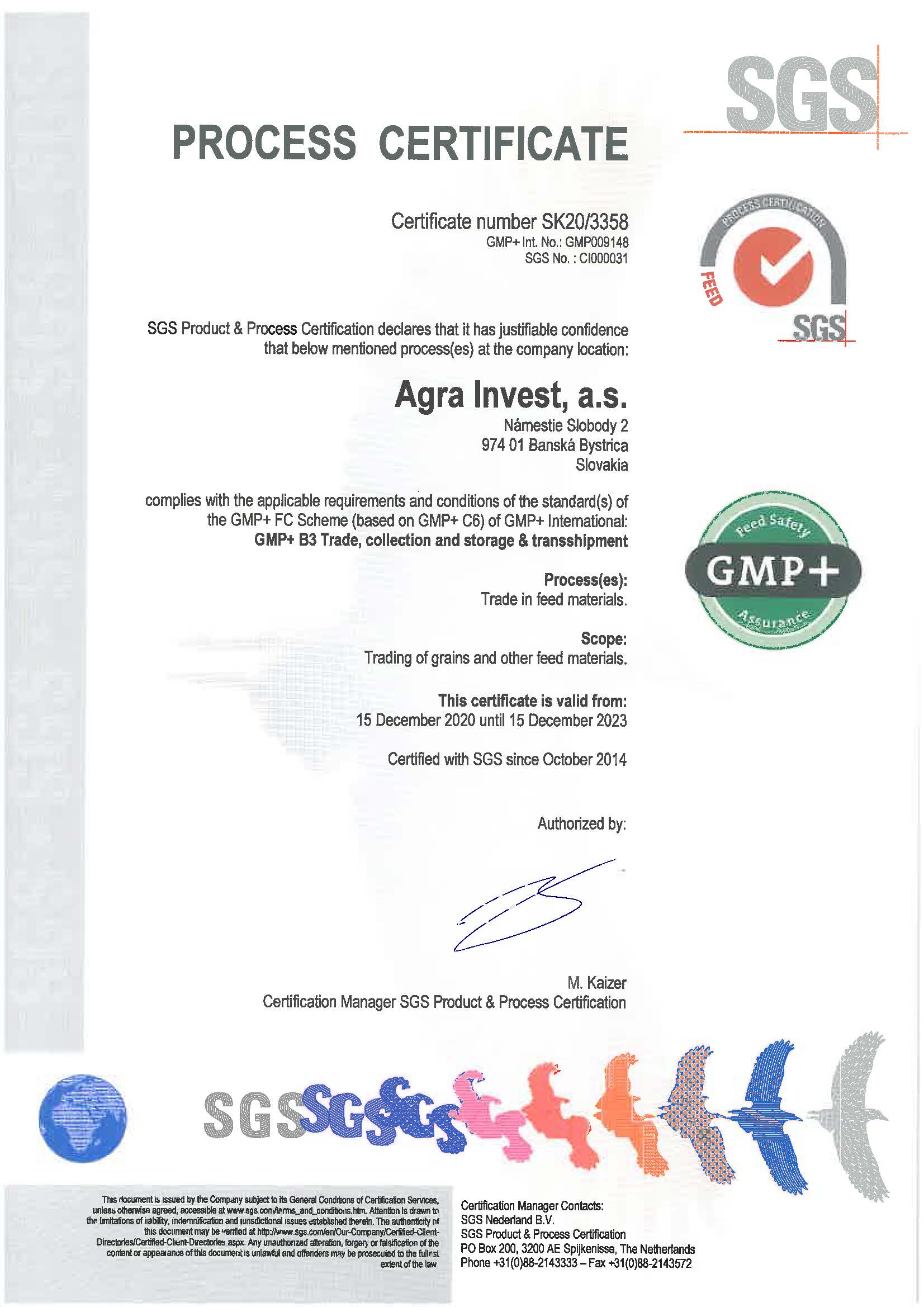 Agra Invest a.s. certifikát GMP+ B3